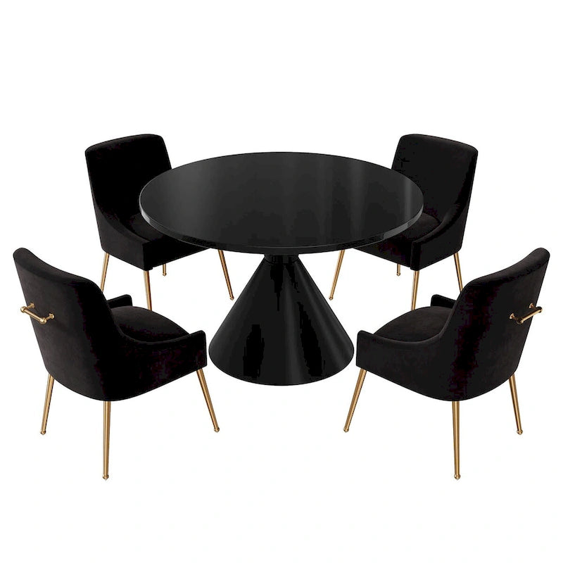 Ensemble de salle à manger avec grande table à manger de comptoir noir très brillant de luxe léger 48 et chaises de salle à manger en velours