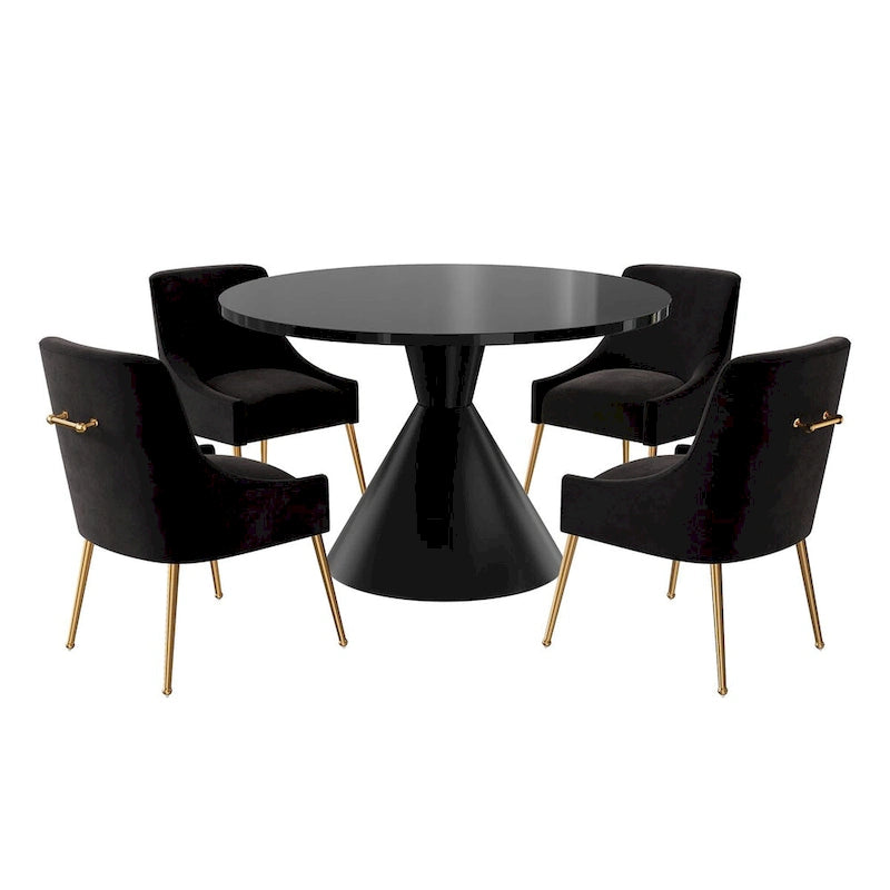 Ensemble de salle à manger avec grande table à manger de comptoir noir très brillant de luxe léger 48 et chaises de salle à manger en velours