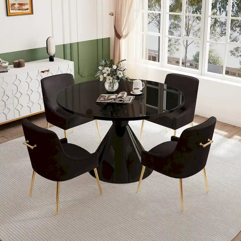 Ensemble de salle à manger avec grande table à manger de comptoir noir très brillant de luxe léger 48 et chaises de salle à manger en velours