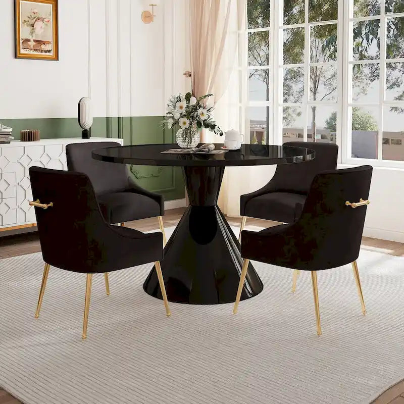 Ensemble de salle à manger avec grande table à manger de comptoir noir très brillant de luxe léger 48 et chaises de salle à manger en velours