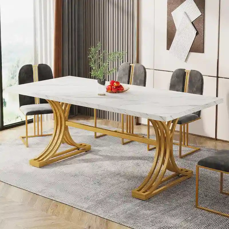 Table à manger moderne de 63 pouces avec plateau en similicuir marbre et cadre doré pour cuisine et salle à manger