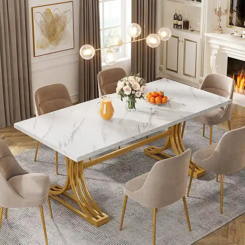 Table à manger moderne de 63 pouces avec plateau en similicuir marbre et cadre doré pour cuisine et salle à manger
