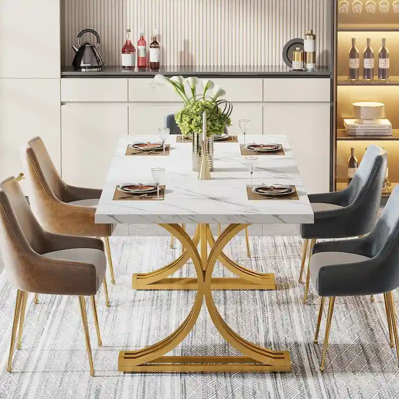 Table à manger moderne de 63 pouces avec plateau en similicuir marbre et cadre doré pour cuisine et salle à manger