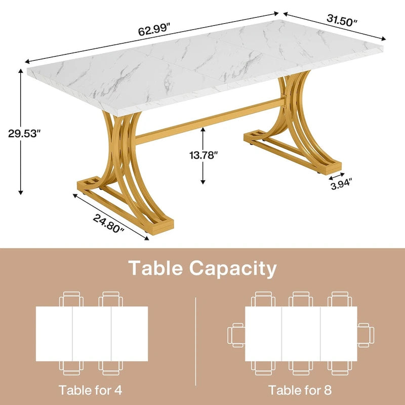 Table à manger moderne de 63 pouces avec plateau en similicuir marbre et cadre doré pour cuisine et salle à manger