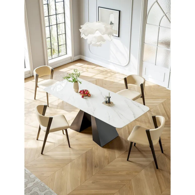 Table à manger extensible rectangulaire contemporaine en pierre blanche avec piètement noir