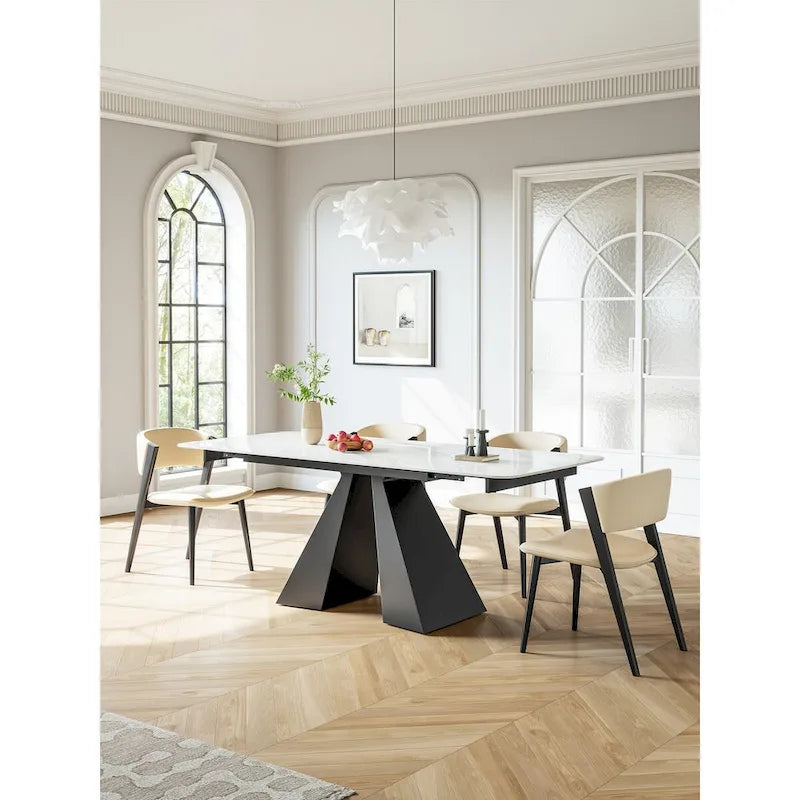 Table à manger extensible rectangulaire contemporaine en pierre blanche avec piètement noir