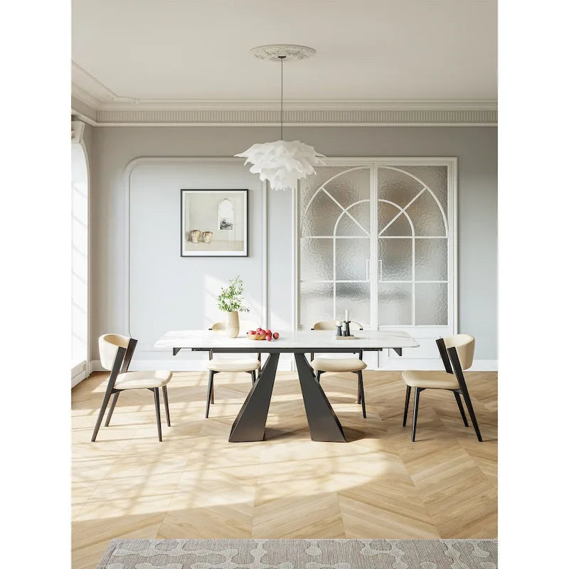 Table à manger extensible rectangulaire contemporaine en pierre blanche avec piètement noir