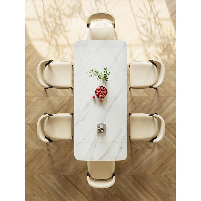 Table à manger extensible rectangulaire contemporaine en pierre blanche avec piètement noir