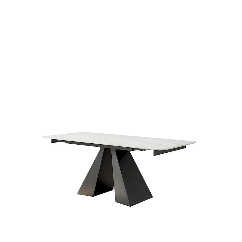 Table à manger extensible rectangulaire contemporaine en pierre blanche avec piètement noir