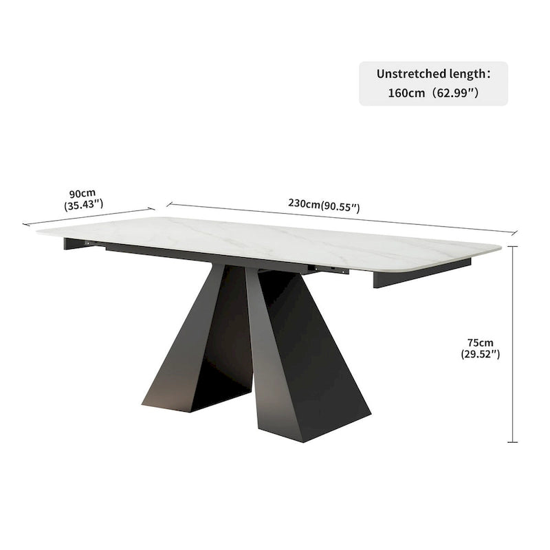 Table à manger extensible rectangulaire contemporaine en pierre blanche avec piètement noir