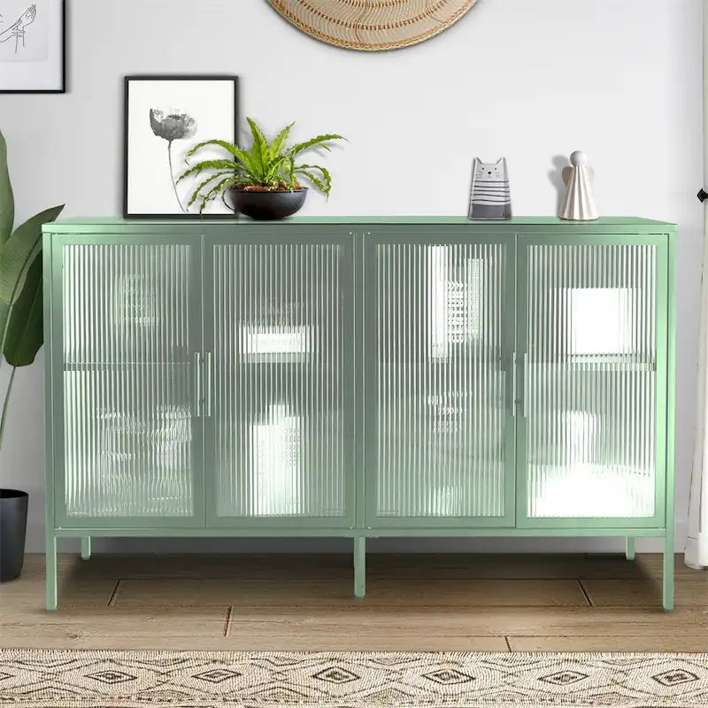 Stylish 4-Door Tempered Glass Cabinet, 4 Glass Doors Adjustable Shelf