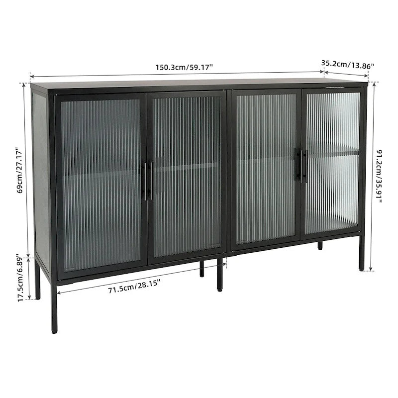 Meuble élégant à 4 portes en verre trempé, 4 portes en verre, étagère réglable
