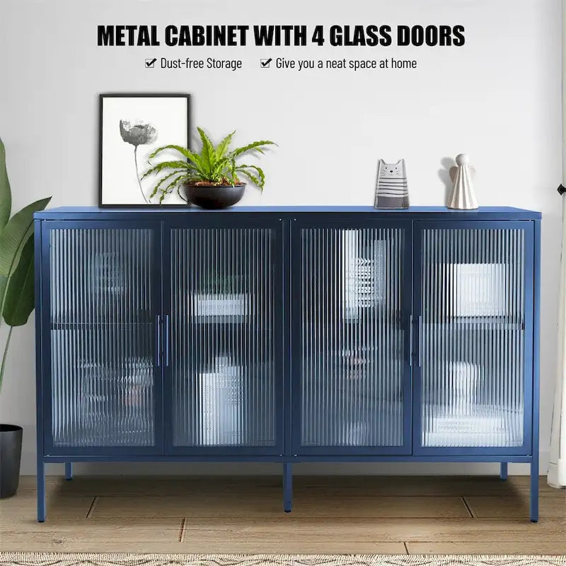 Meuble élégant à 4 portes en verre trempé, 4 portes en verre, étagère réglable