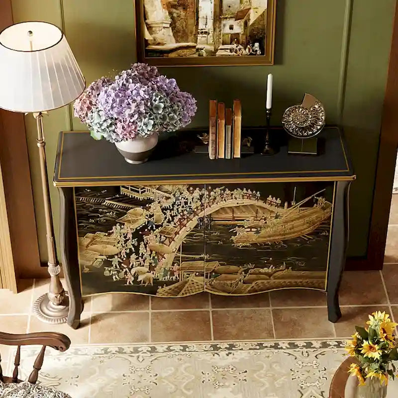 51.18 Commode vintage peinte à la main avec double porte coulissante, meuble de rangement décoratif pour entrée