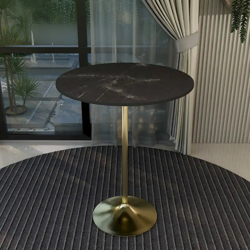 Table à manger ronde LeisureMod Verve 36 avec plateau en bois MDF et base dorée brossée pour cuisine et salle à manger