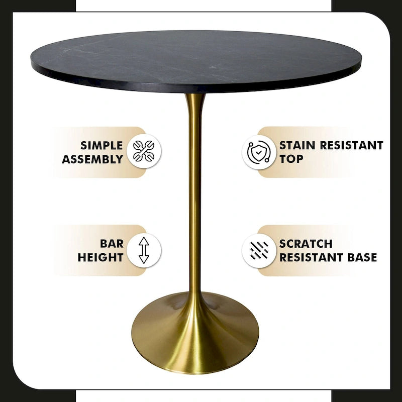 Table à manger ronde LeisureMod Verve 36 avec plateau en bois MDF et base dorée brossée pour cuisine et salle à manger