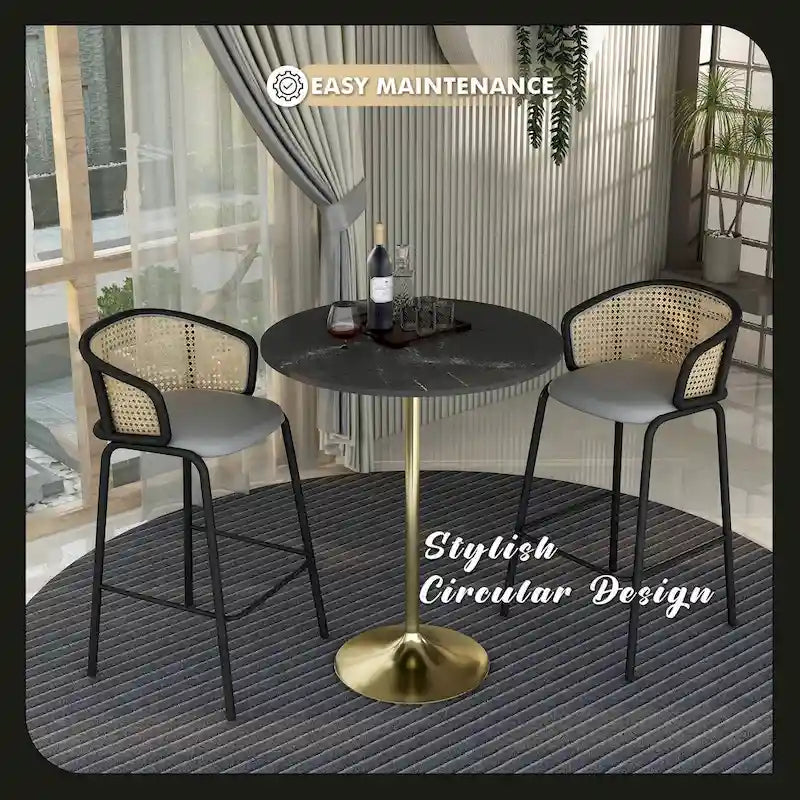 Table à manger ronde LeisureMod Verve 36 avec plateau en bois MDF et base dorée brossée pour cuisine et salle à manger