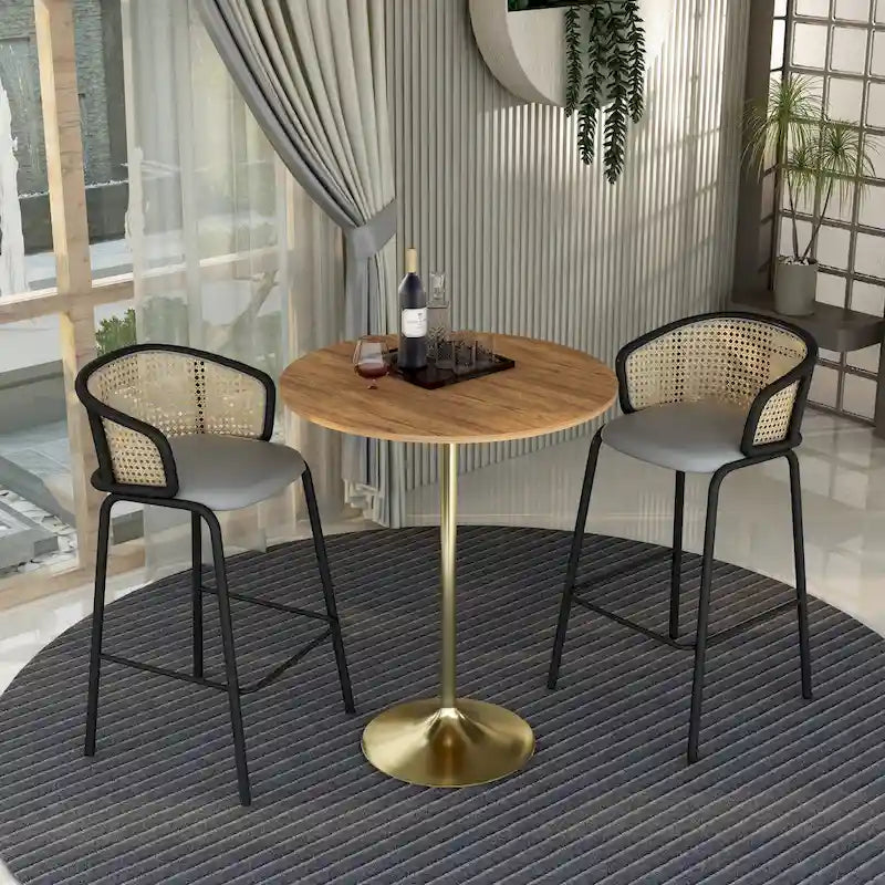 Table à manger ronde LeisureMod Verve 36 avec plateau en bois MDF et base dorée brossée pour cuisine et salle à manger