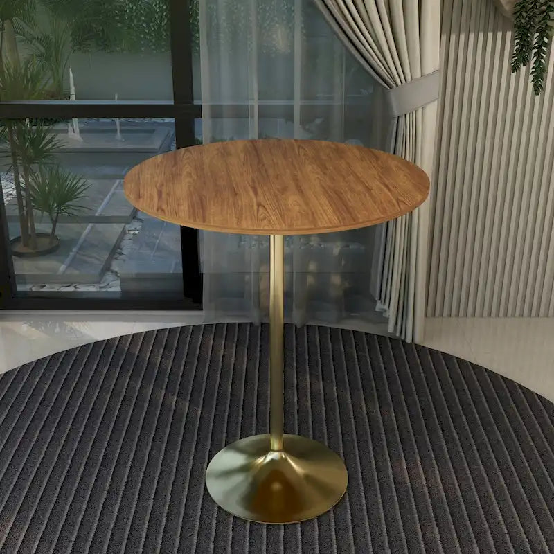 Table à manger ronde LeisureMod Verve 36 avec plateau en bois MDF et base dorée brossée pour cuisine et salle à manger