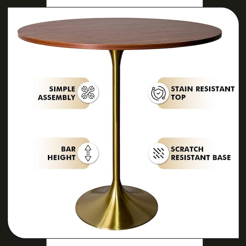 Table à manger ronde LeisureMod Verve 36 avec plateau en bois MDF et base dorée brossée pour cuisine et salle à manger