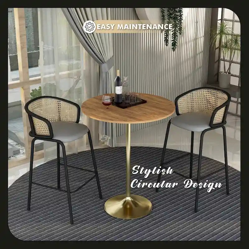 Table à manger ronde LeisureMod Verve 36 avec plateau en bois MDF et base dorée brossée pour cuisine et salle à manger