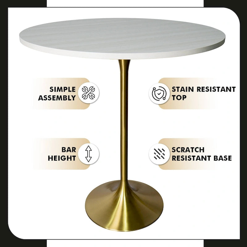Table à manger ronde LeisureMod Verve 36 avec plateau en bois MDF et base dorée brossée pour cuisine et salle à manger