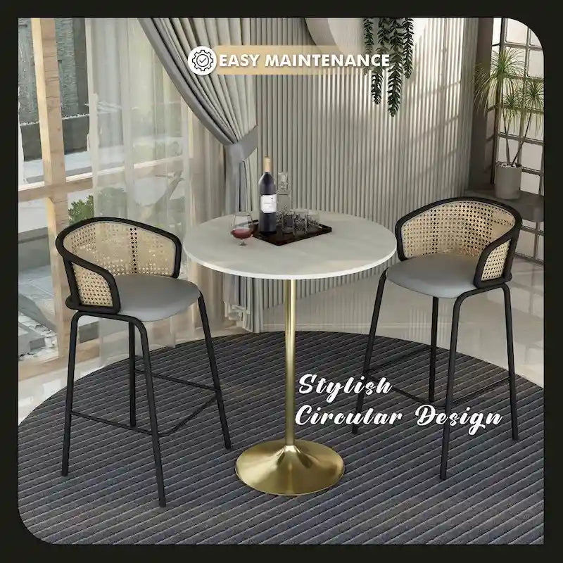 Table à manger ronde LeisureMod Verve 36 avec plateau en bois MDF et base dorée brossée pour cuisine et salle à manger