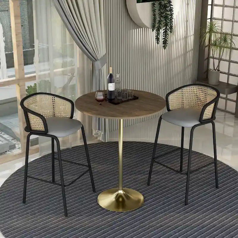 Table à manger ronde LeisureMod Verve 36 avec plateau en bois MDF et base dorée brossée pour cuisine et salle à manger