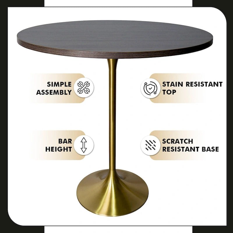 Table à manger ronde LeisureMod Verve 36 avec plateau en bois MDF et base dorée brossée pour cuisine et salle à manger