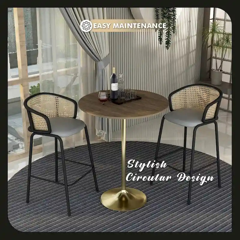 Table à manger ronde LeisureMod Verve 36 avec plateau en bois MDF et base dorée brossée pour cuisine et salle à manger