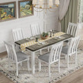Ensemble de salle à manger 7 pièces de style rétro avec table extensible et 6 chaises rembourrées (brun antique+blanc)