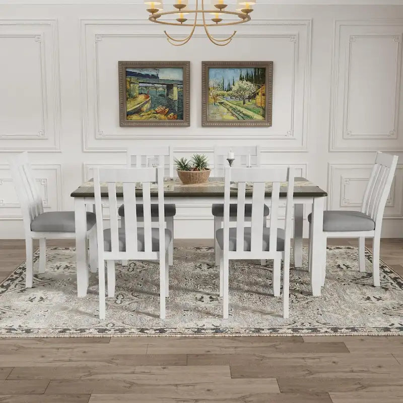 Ensemble de salle à manger 7 pièces de style rétro avec table extensible et 6 chaises rembourrées (brun antique+blanc)