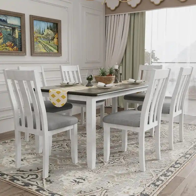 Ensemble de salle à manger 7 pièces de style rétro avec table extensible et 6 chaises rembourrées (brun antique+blanc)