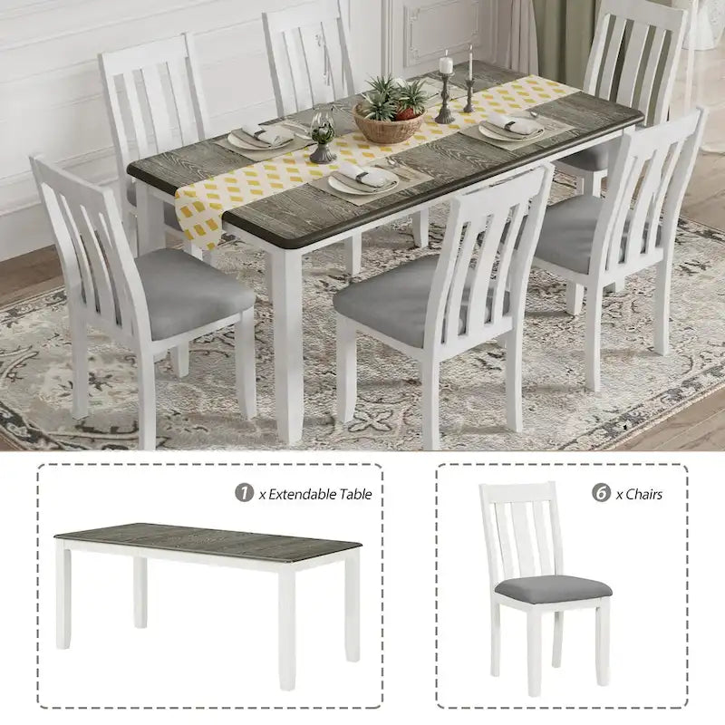 Ensemble de salle à manger 7 pièces de style rétro avec table extensible et 6 chaises rembourrées (brun antique+blanc)