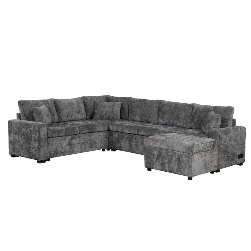 Canapé d'angle en chenille convertible, canapé-lit en forme de L avec pouf de rangement, 3 oreillers et dispositifs de charge