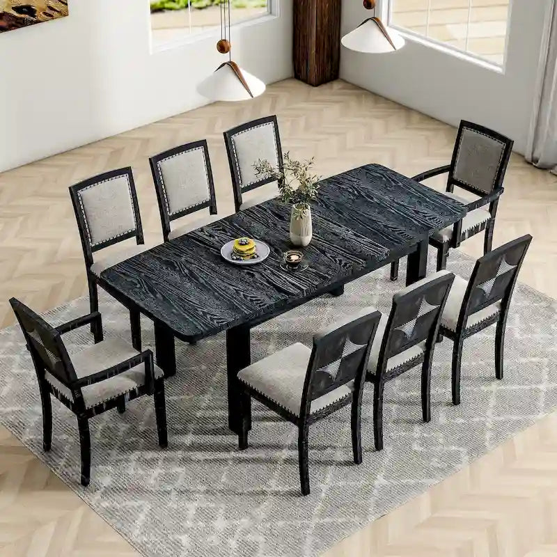 Ensemble de salle à manger rustique extensible avec rallonge amovible de 61 cm, 6 chaises de salle à manger sans accoudoirs rembourrées et 2 fauteuils rembourrés.
