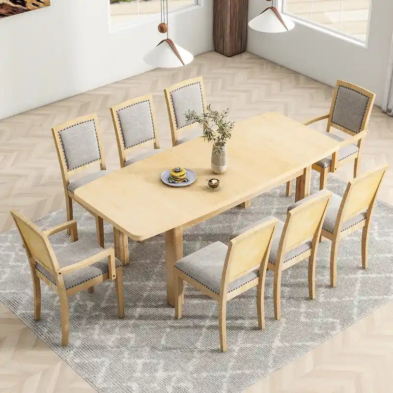 Ensemble de salle à manger rustique extensible avec rallonge amovible de 61 cm, 6 chaises de salle à manger sans accoudoirs rembourrées et 2 fauteuils rembourrés.