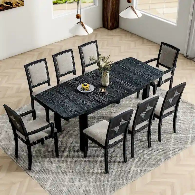 Ensemble de salle à manger rustique extensible avec rallonge amovible de 61 cm, 6 chaises de salle à manger sans accoudoirs rembourrées et 2 fauteuils rembourrés.
