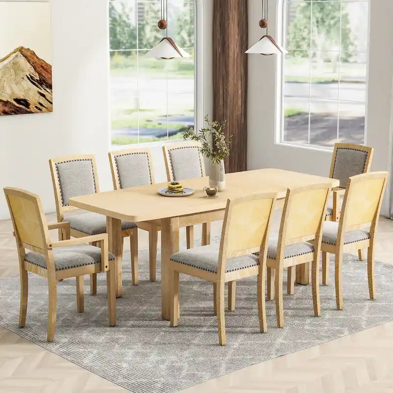 Ensemble de salle à manger rustique extensible avec rallonge amovible de 61 cm, 6 chaises de salle à manger sans accoudoirs rembourrées et 2 fauteuils rembourrés.