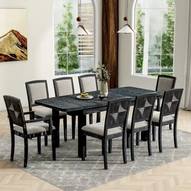 Ensemble de salle à manger rustique extensible avec rallonge amovible de 61 cm, 6 chaises de salle à manger sans accoudoirs rembourrées et 2 fauteuils rembourrés.