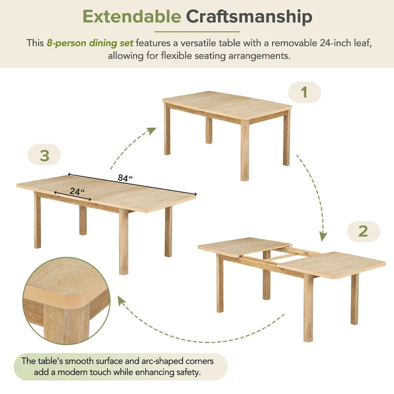 Ensemble de salle à manger rustique extensible avec rallonge amovible de 61 cm, 6 chaises de salle à manger sans accoudoirs rembourrées et 2 fauteuils rembourrés.