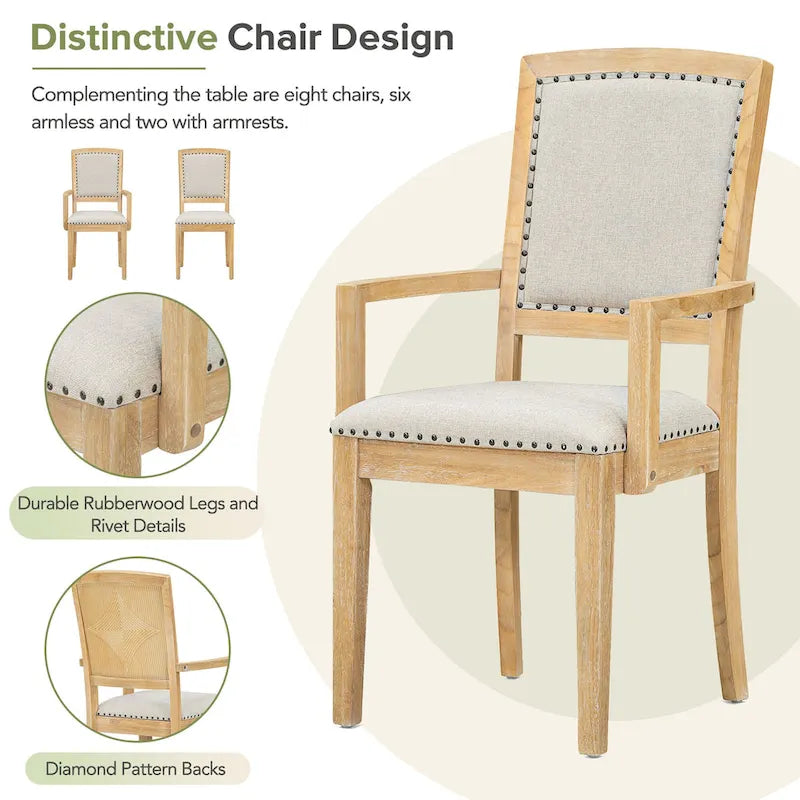 Ensemble de salle à manger rustique extensible avec rallonge amovible de 61 cm, 6 chaises de salle à manger sans accoudoirs rembourrées et 2 fauteuils rembourrés.
