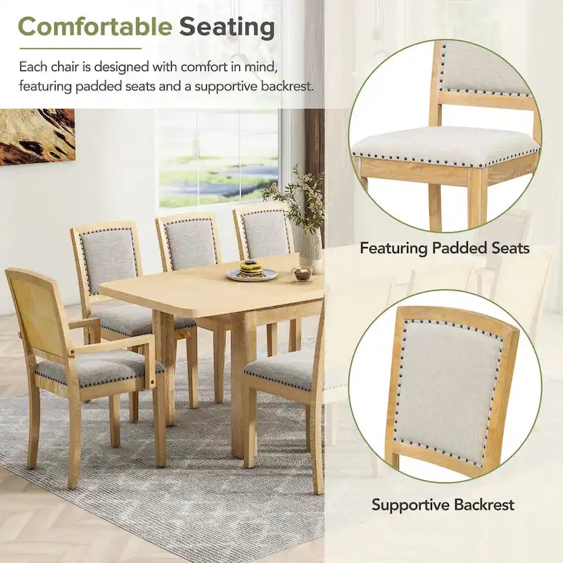 Ensemble de salle à manger rustique extensible avec rallonge amovible de 61 cm, 6 chaises de salle à manger sans accoudoirs rembourrées et 2 fauteuils rembourrés.
