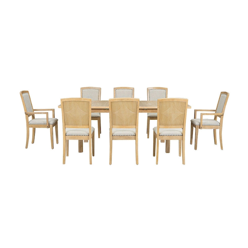 Ensemble de salle à manger rustique extensible avec rallonge amovible de 61 cm, 6 chaises de salle à manger sans accoudoirs rembourrées et 2 fauteuils rembourrés.