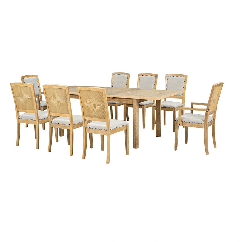 Ensemble de salle à manger rustique extensible avec rallonge amovible de 61 cm, 6 chaises de salle à manger sans accoudoirs rembourrées et 2 fauteuils rembourrés.