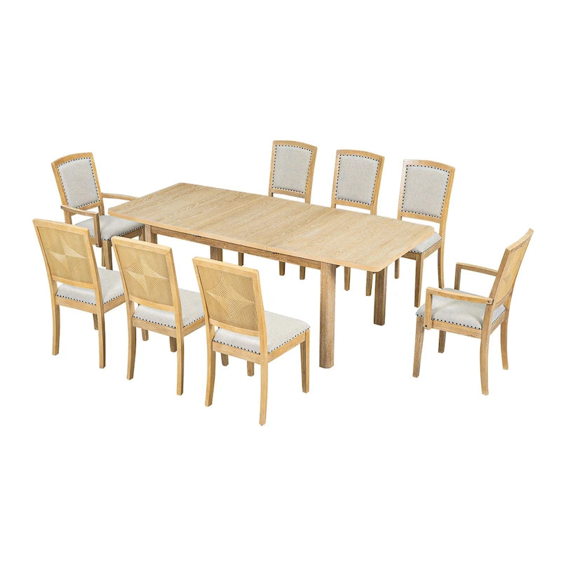 Ensemble de salle à manger rustique extensible avec rallonge amovible de 61 cm, 6 chaises de salle à manger sans accoudoirs rembourrées et 2 fauteuils rembourrés.