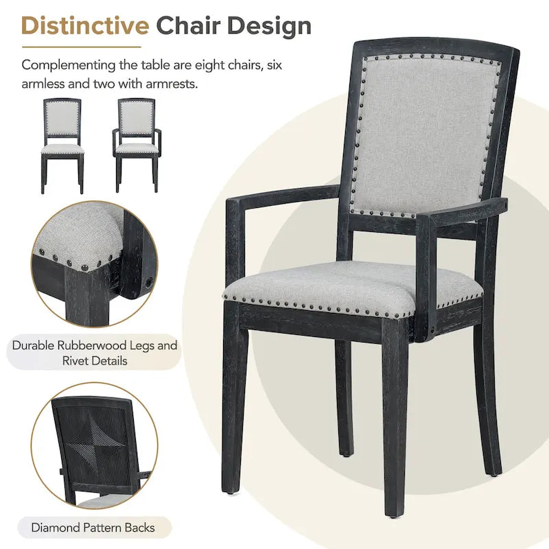 Ensemble de salle à manger rustique extensible avec rallonge amovible de 61 cm, 6 chaises de salle à manger sans accoudoirs rembourrées et 2 fauteuils rembourrés.