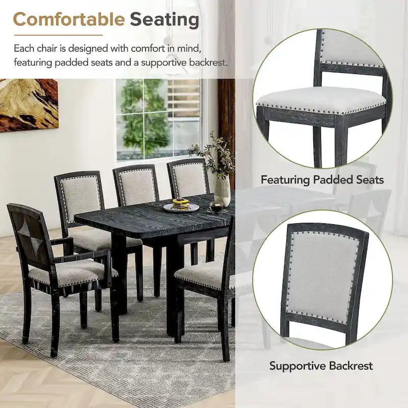 Ensemble de salle à manger rustique extensible avec rallonge amovible de 61 cm, 6 chaises de salle à manger sans accoudoirs rembourrées et 2 fauteuils rembourrés.