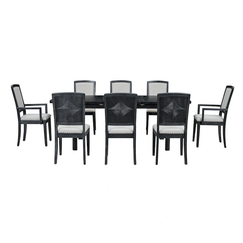 Ensemble de salle à manger rustique extensible avec rallonge amovible de 61 cm, 6 chaises de salle à manger sans accoudoirs rembourrées et 2 fauteuils rembourrés.