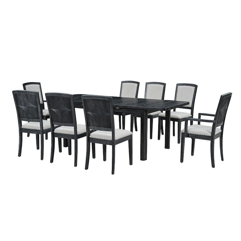 Ensemble de salle à manger rustique extensible avec rallonge amovible de 61 cm, 6 chaises de salle à manger sans accoudoirs rembourrées et 2 fauteuils rembourrés.